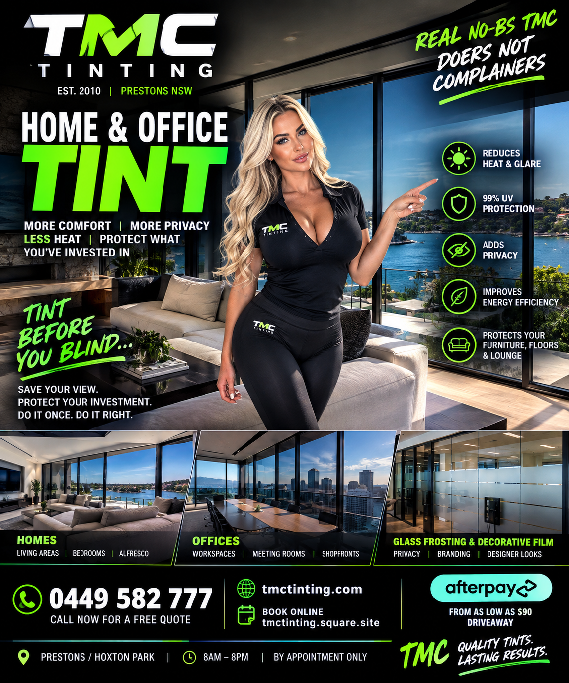 Home Office Glass Frosting & Window Tinting for sydney, canberra and wollongong new or old home office apartment builds perfect for those looking to reduce costly future repairs from sun fading your floorboards, carpets and blinds by not installing window tinting. add style privacy and heat reduction making your space more enjoyable all year round contact TMC TINTING today quality workmanship  without the BS 