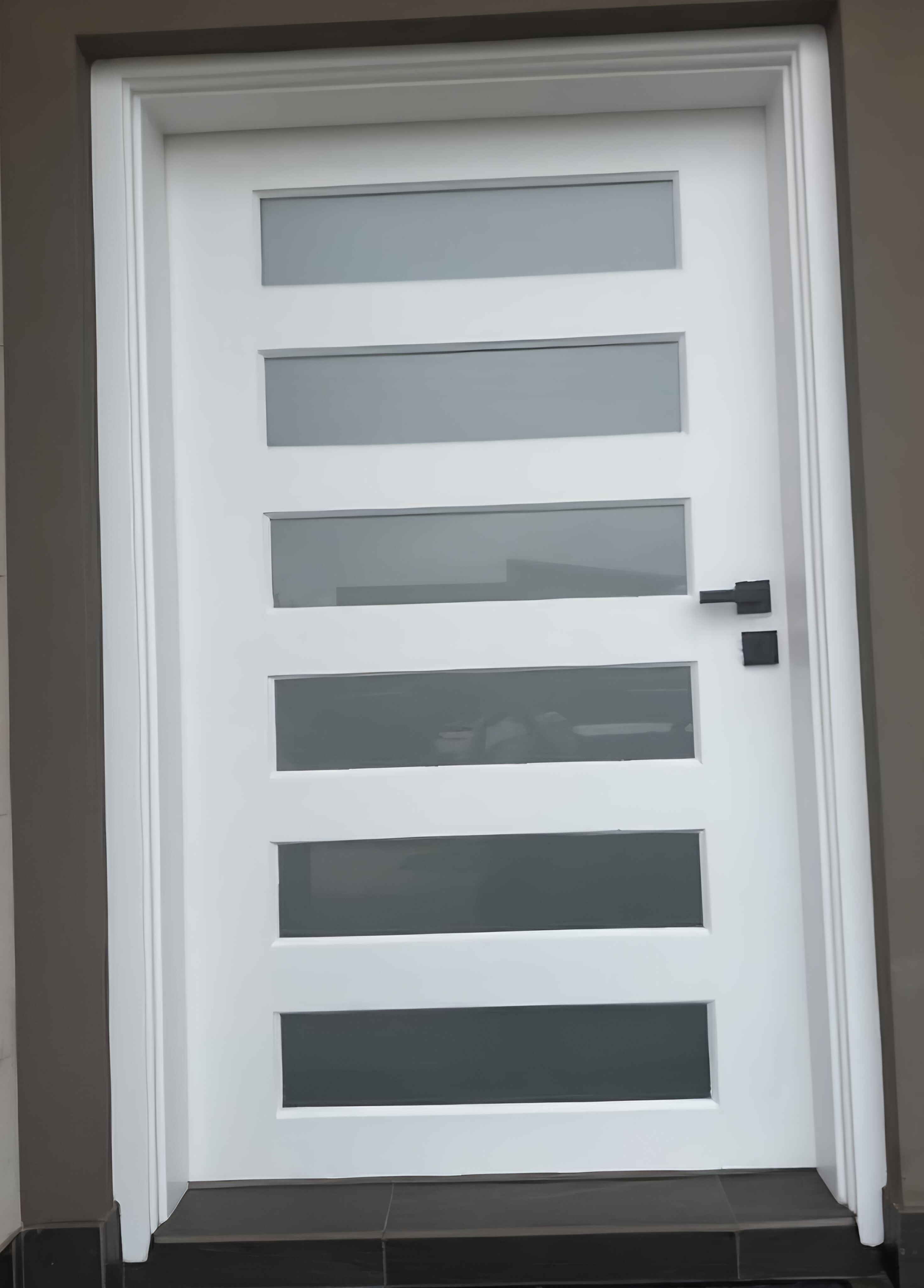 Frosted window film on 6-strip white contemporary front door Narrabeen Northern Beaches — TMC Tinting