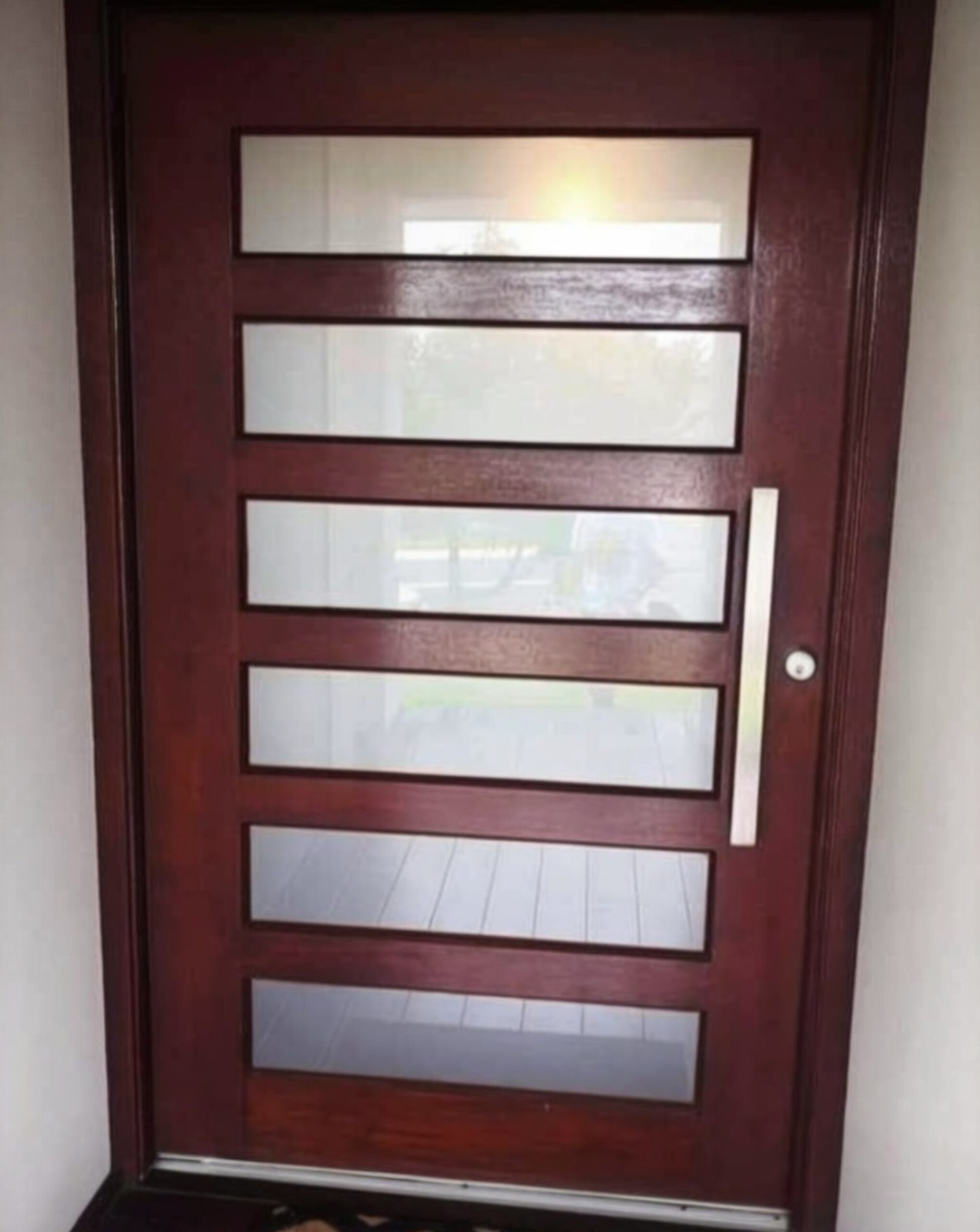 Frosted window film on 6-strip luxury timber front door in Collaroy Northern Beaches — TMC Tinting